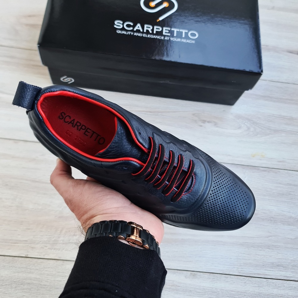 Dark Blue Leather Sneakers for Men with Red Details - Picture 2 of 4